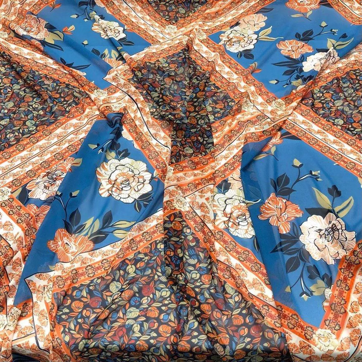 blue-orange-diamond-flower-chiffon-fabric Blue and Orange Diamond Flower Chiffon Fabric