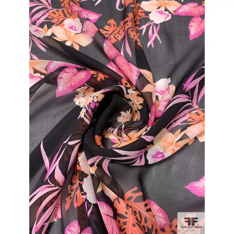 Bold Floral Printed Silk Chiffon – Magenta / Orange / Black