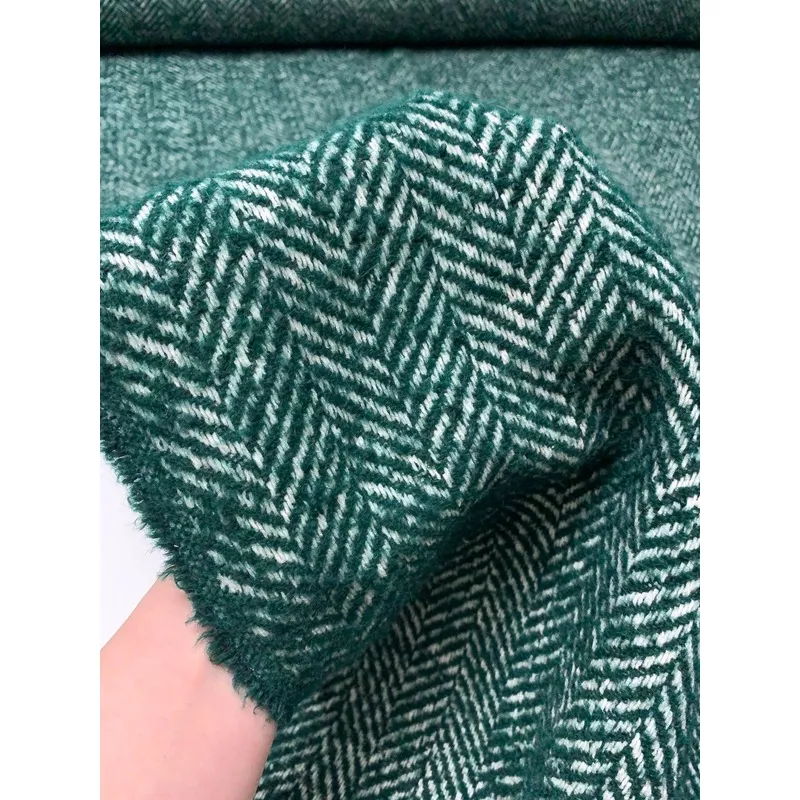 Chunky Herringbone Tweed Coating – Evergreen / White
