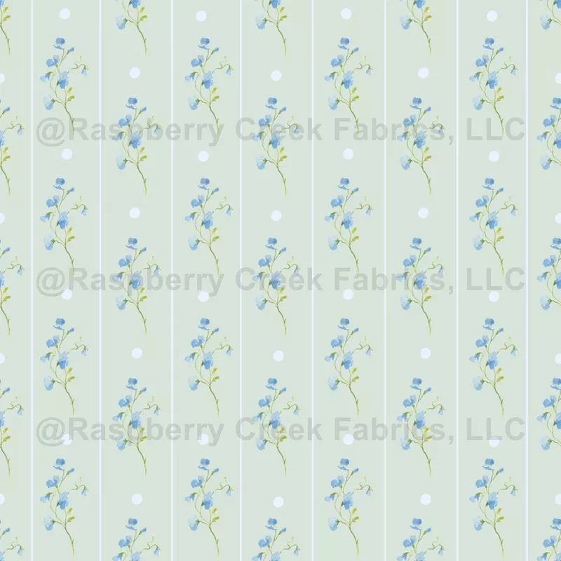 Delicate Blue Flowers / Stripes / Dots on Light Gray-Green