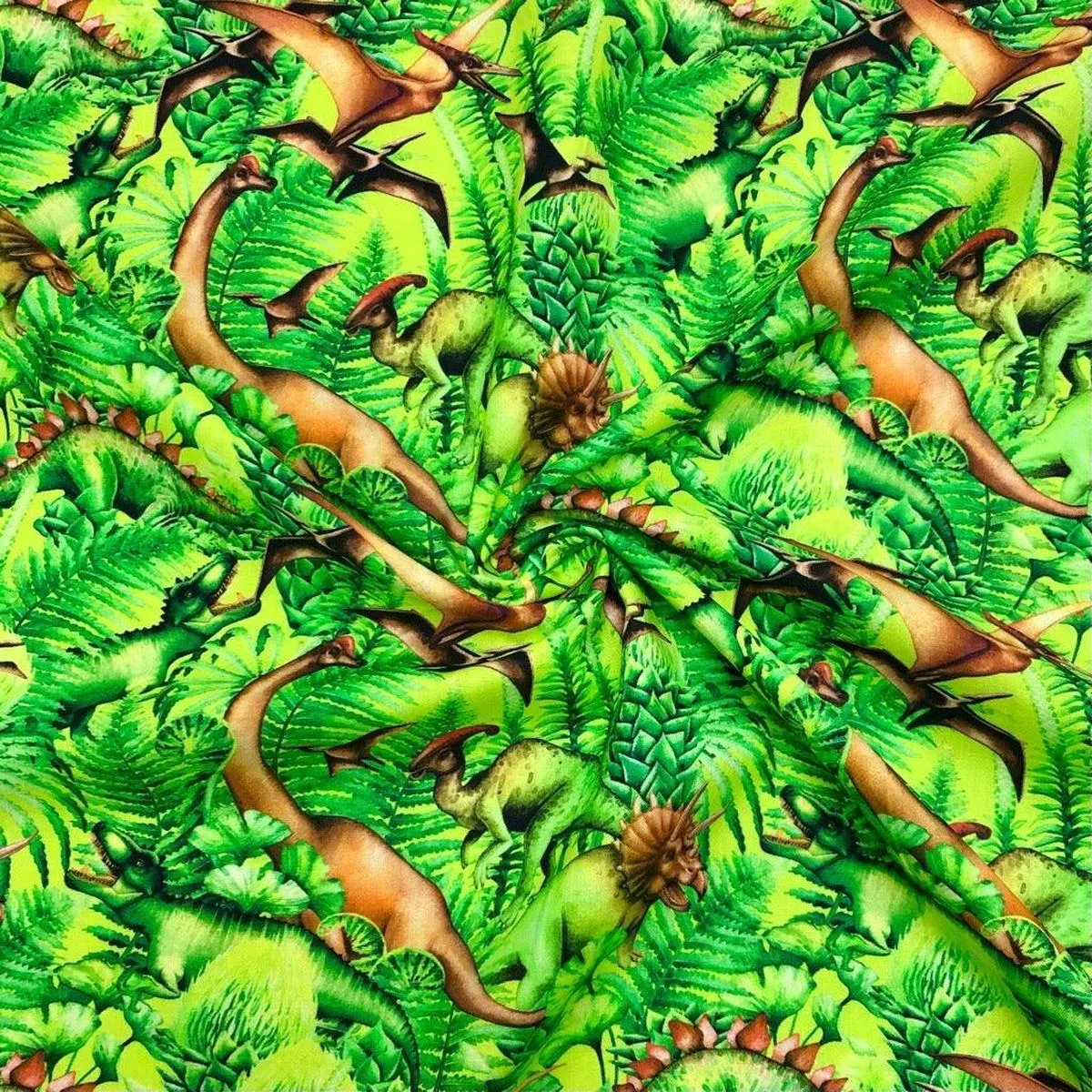 dinosaurs-in-tropical-forest-on-lime-cotton-fabric Dinosaurs in Tropical Forest on Lime Cotton Fabric