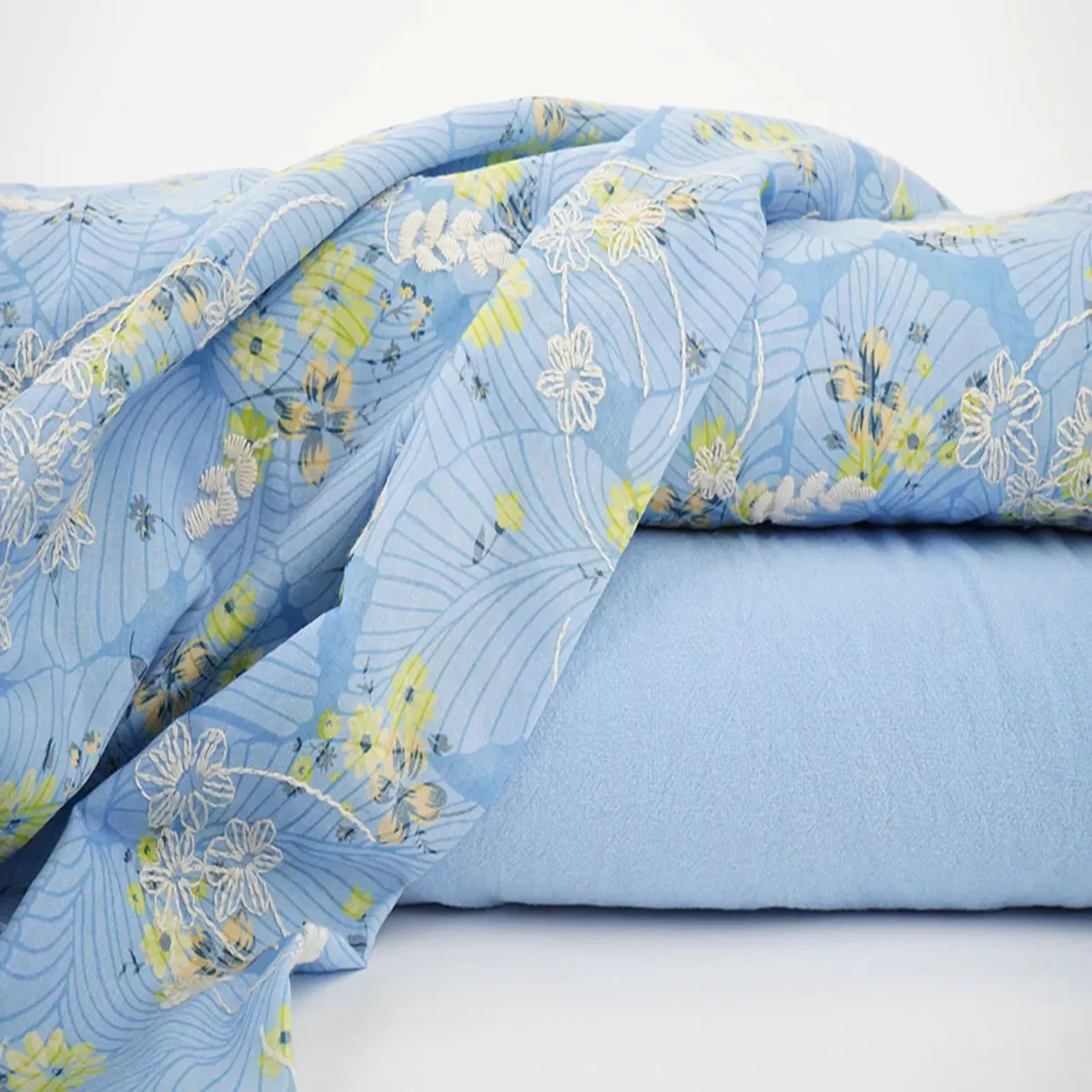embroidered-cotton-fabric-yellow-flowers-on-blue-115-g-m Embroidered cotton fabric – yellow flowers on blue 115 g/m