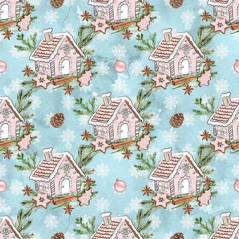 gingerbread-house-on-dots-fabric-blue Gingerbread House on Dots Fabric – Blue