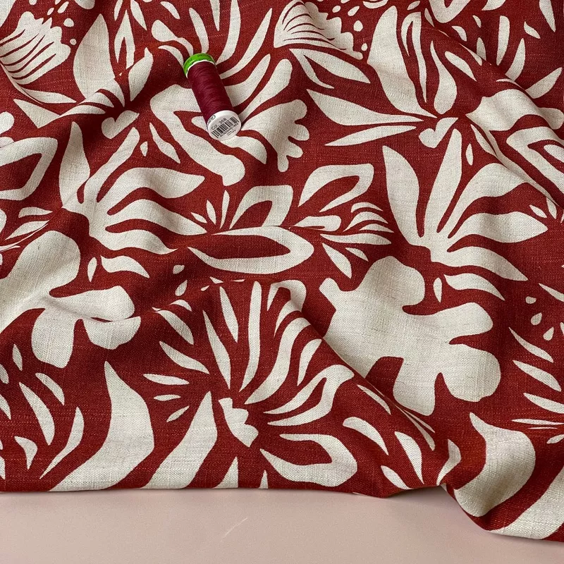 graphic-plants-brick-red-viscose-linen-fabric Graphic Plants Brick Red Viscose Linen Fabric