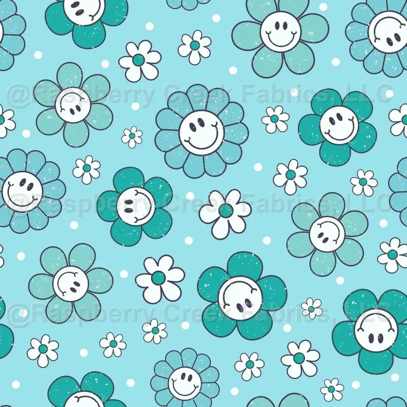 Happy Face Daisies Aqua Blue