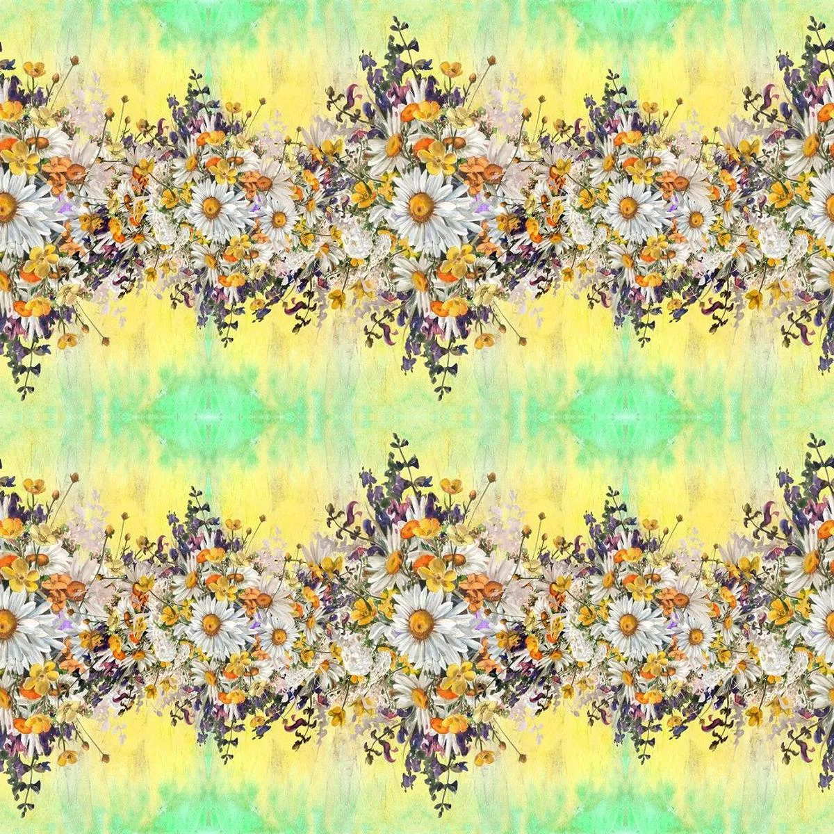 horizontal-chamomile-flowers-border-fabric-green-yellow Horizontal Chamomile Flowers Border Fabric – Green/Yellow