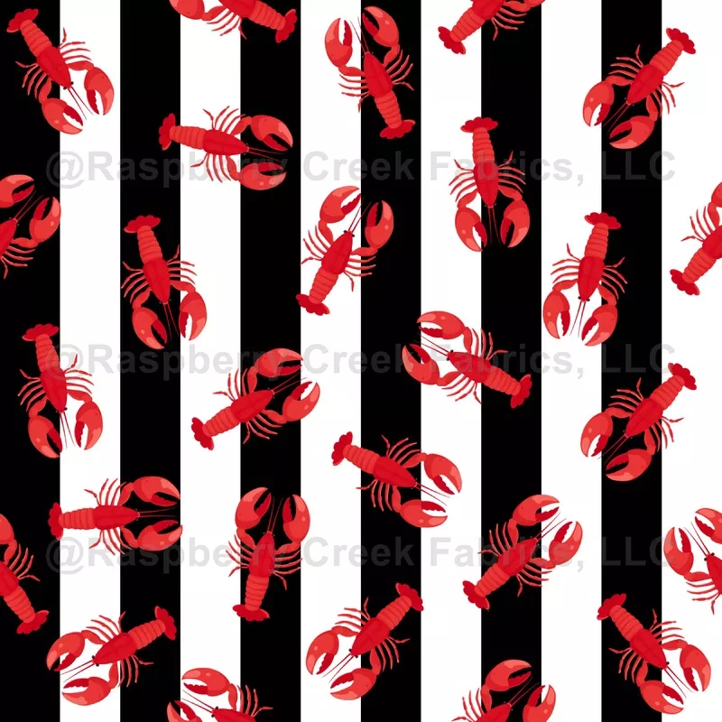 Illustrated Red Lobsters on Black Stripes