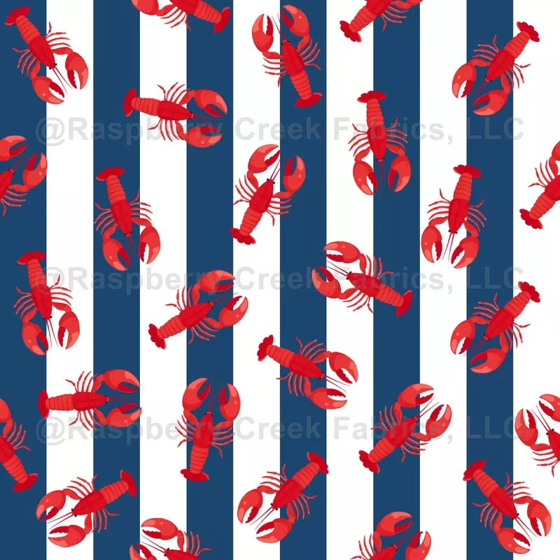 Illustrated Red Lobsters on Dark Blue Stripes
