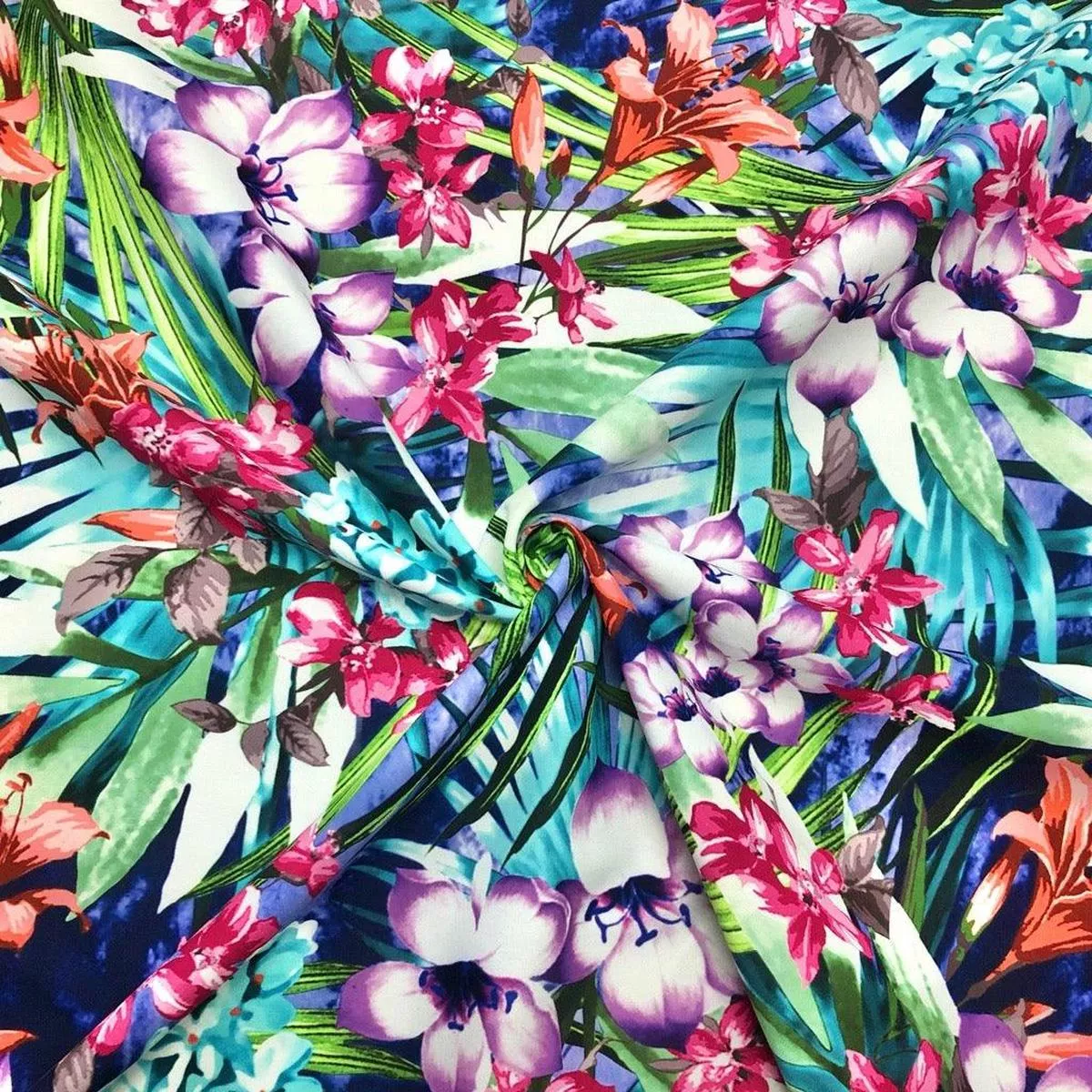 Large Tropical Flowers and Leaves Cotton-Touch Polyester Fabric