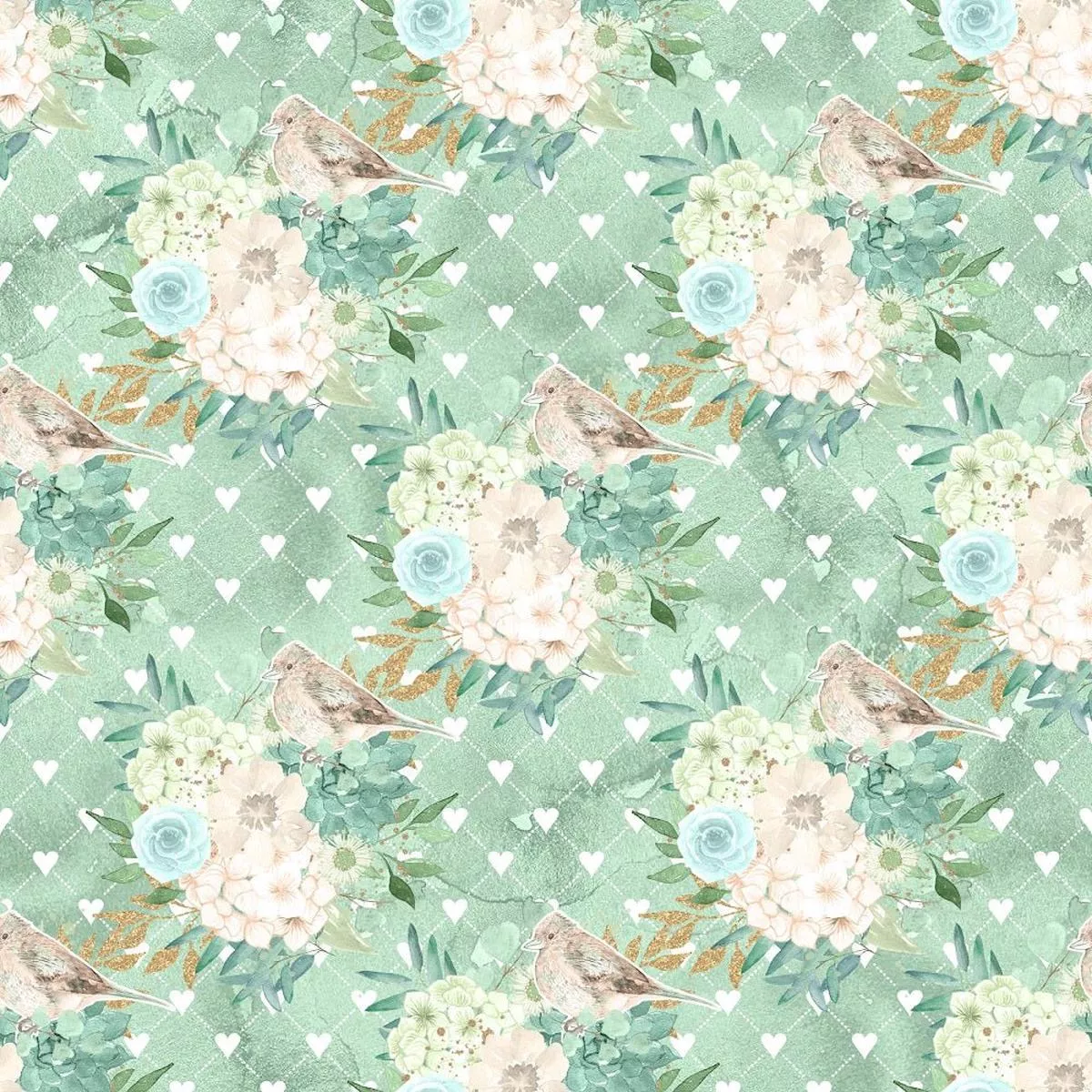 mint-dreams-bouquets-on-hearts-fabric Mint Dreams Bouquets on Hearts Fabric