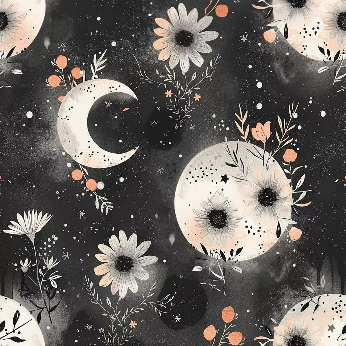 peach-floral-moon-phases-fabric-black-white Peach Floral Moon Phases Fabric – Black & White