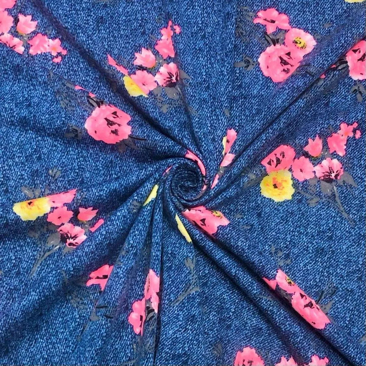 pink-yellow-flowers-on-blue-jersey-fabric Pink & Yellow Flowers on Blue Jersey Fabric