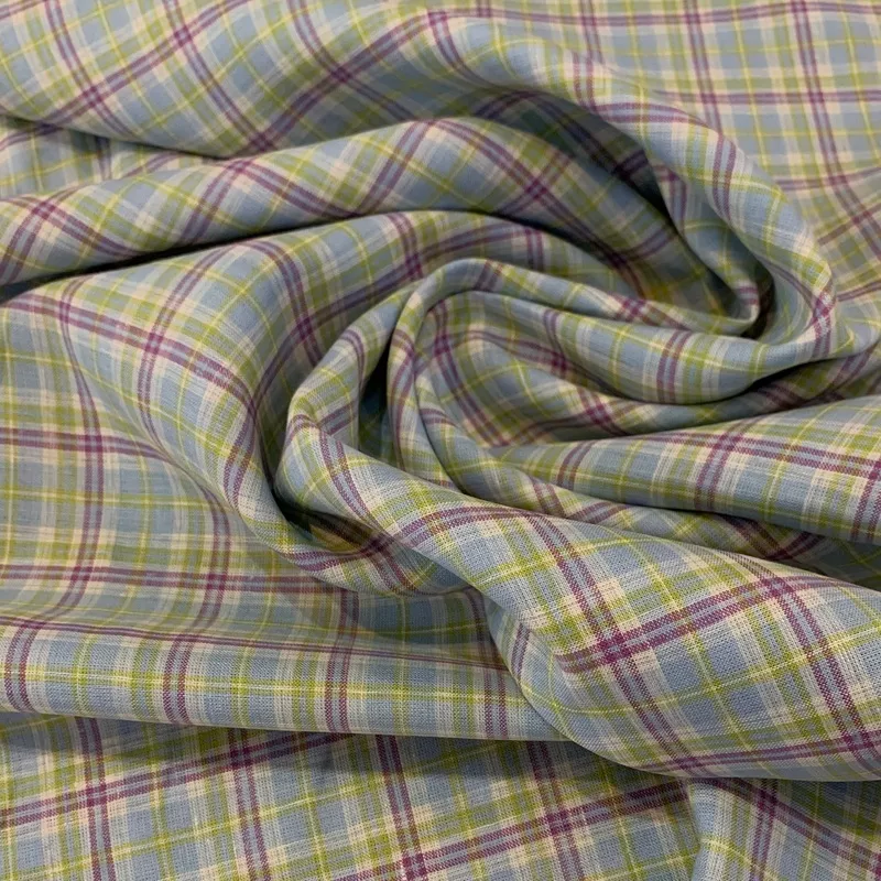 Plaid Midweight Linen Fabric – Lilac Blue Green and Yellow