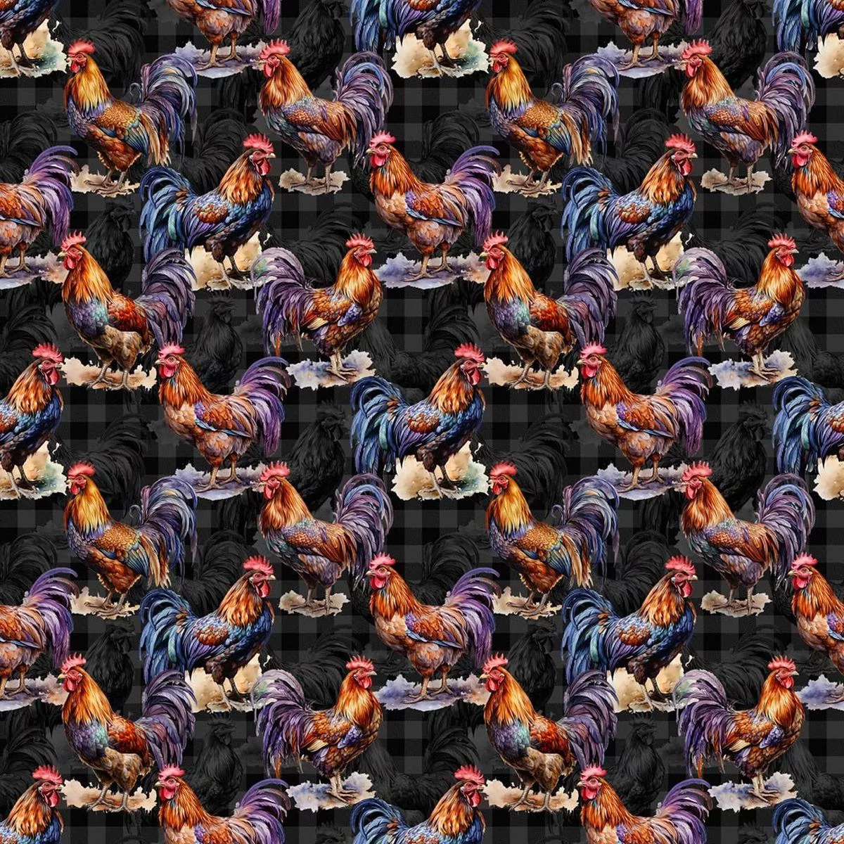 roosters-on-black-plaid-fabric Roosters On Black Plaid Fabric