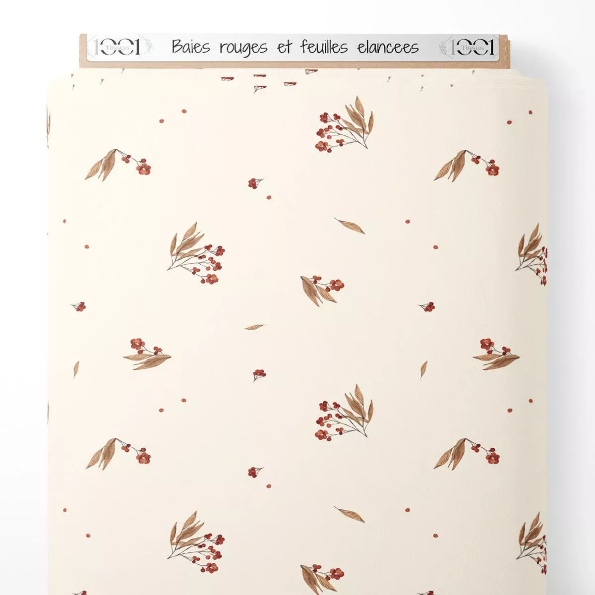tissu-baies-rouges-et-feuilles-lances Tissu – Baies rouges et feuilles lances