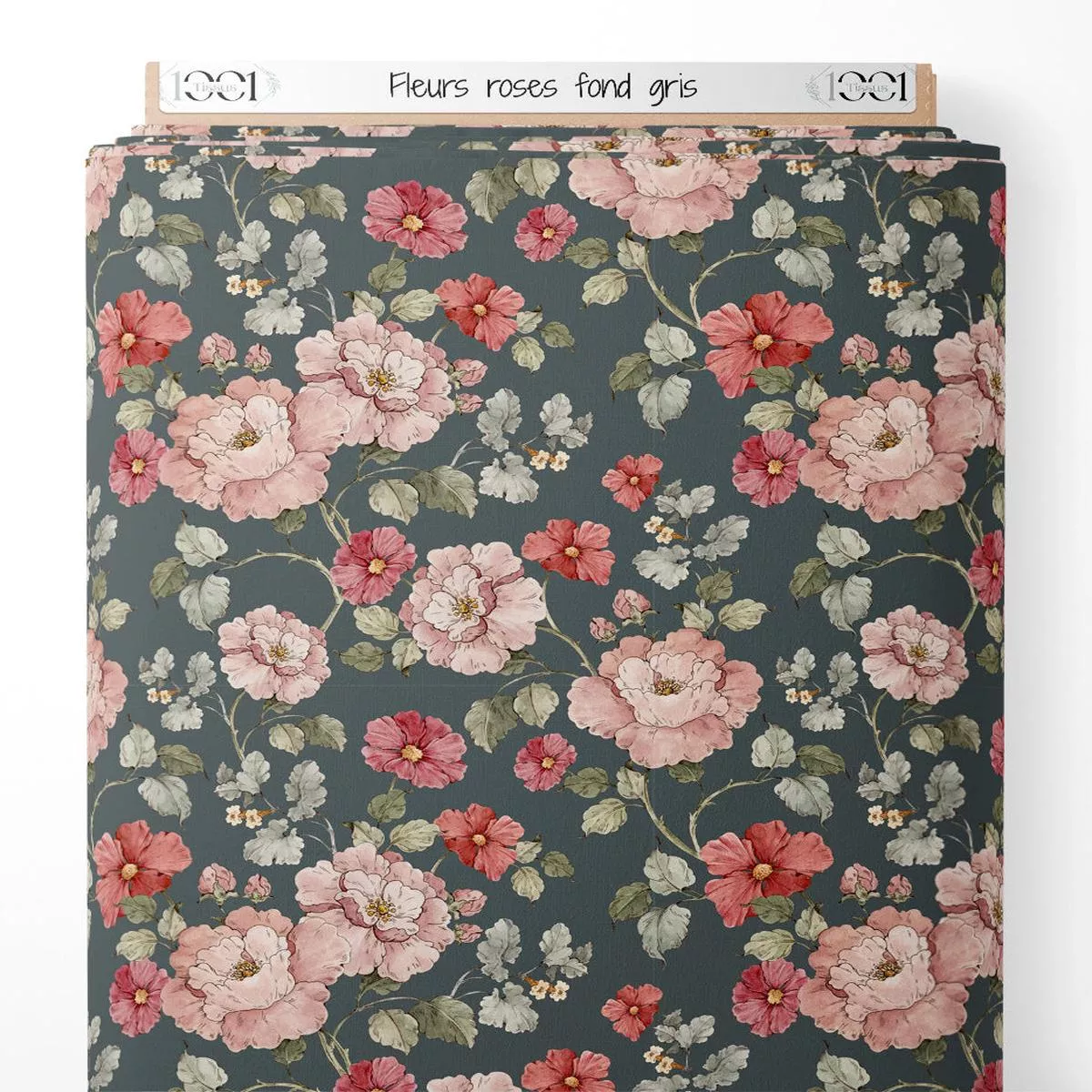 Tissu – Fleurs roses sur fond gris