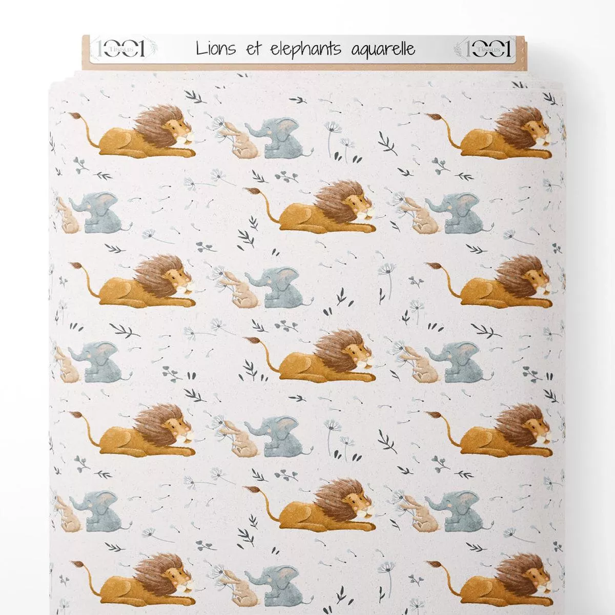 tissu-lions-et-lphants-aquarelle Tissu – Lions et lphants aquarelle