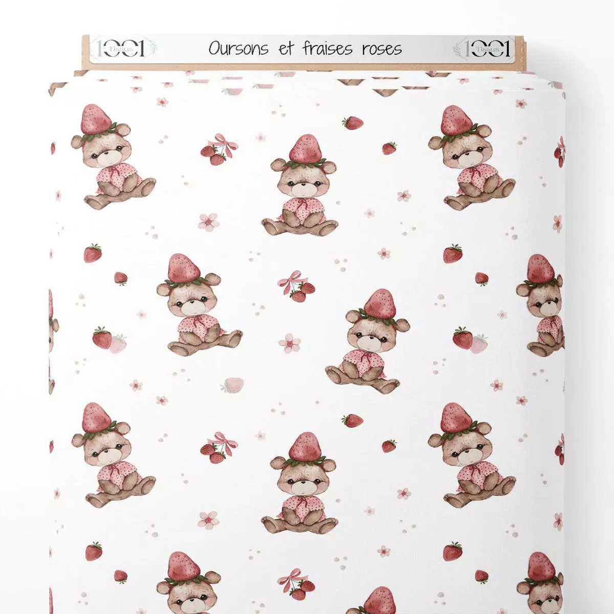 tissu-oursons-et-fraises-roses Tissu – Oursons et fraises roses