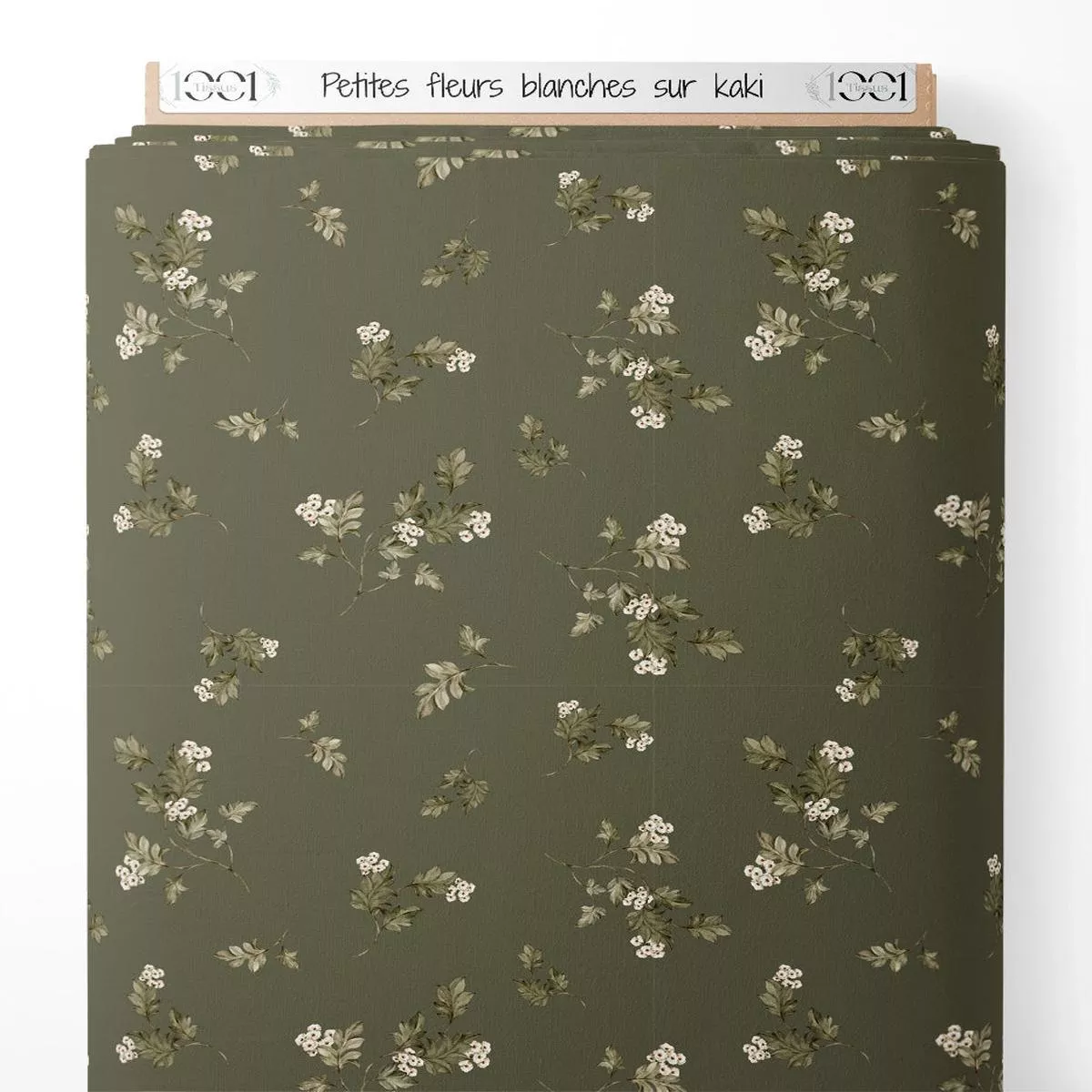 tissu-petites-fleurs-blanches-sur-kaki Tissu – Petites fleurs blanches sur kaki