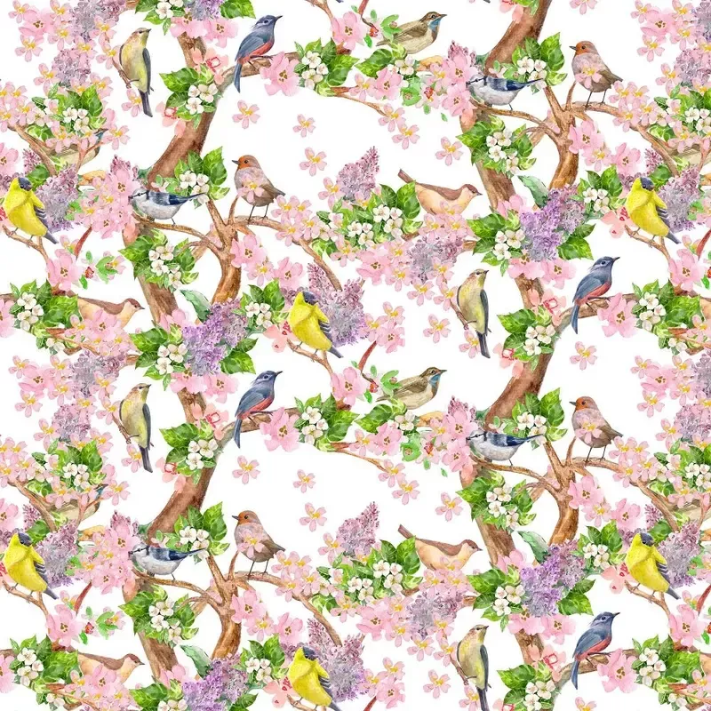 Watercolor Birds and Flying Butterflies Fabric
