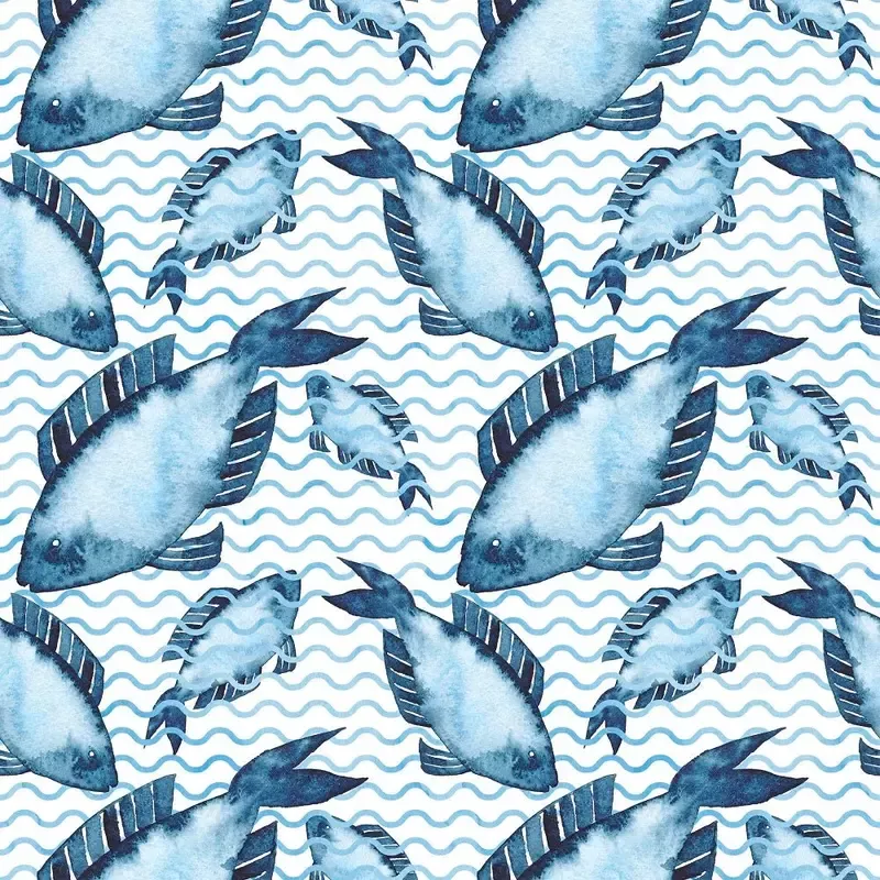 Watercolor Fish on Waves Fabric