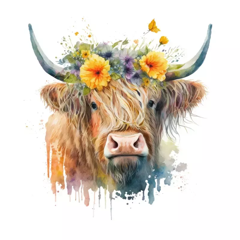 watercolor-floral-highland-cow-14-fabric-panel Watercolor Floral Highland Cow #14 Fabric Panel