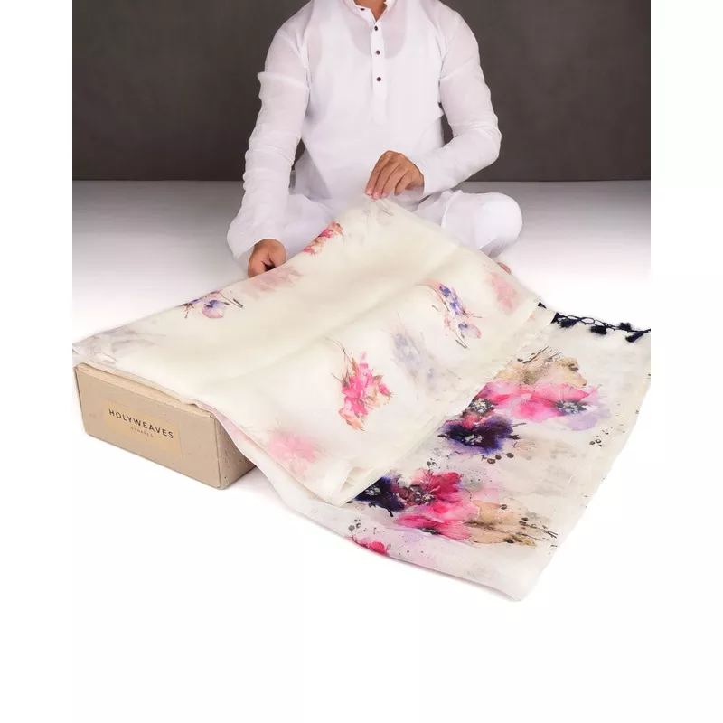 White Abstract Floral Printed Kora Silk Saree