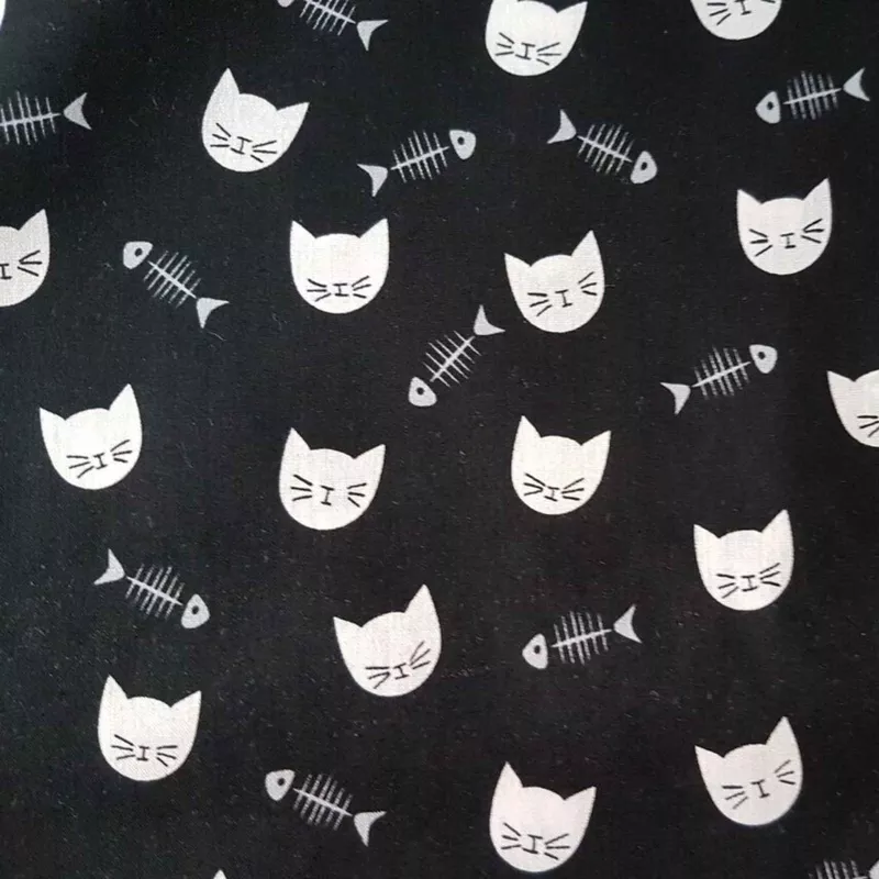 white-cat-faces-fishbones-on-black-cotton-fabric White Cat Faces & Fishbones on Black Cotton Fabric